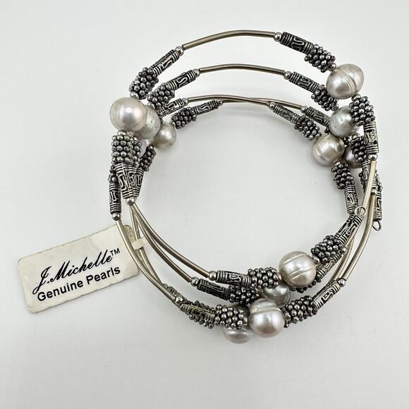 J. Michelle NWT Genuine Freshwater Pearl Silver Tone Adjustable Wrap Bracelet - Picture 2 of 5